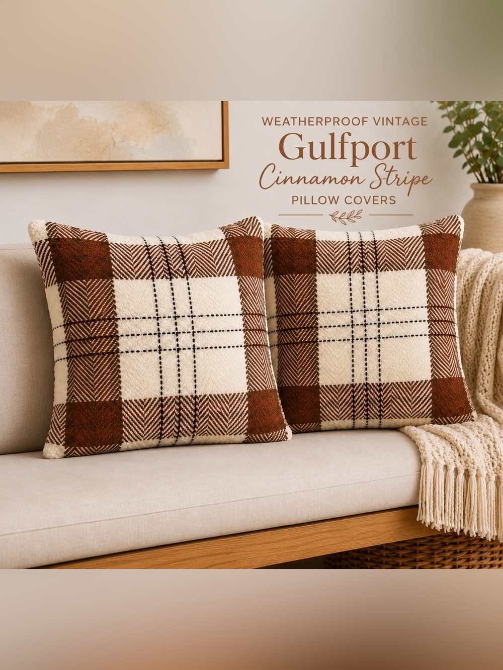 2 Weatherproof Vintage Gulfport Sherpa Pillow Cover Cinnamon Stripe Plaid Cozy